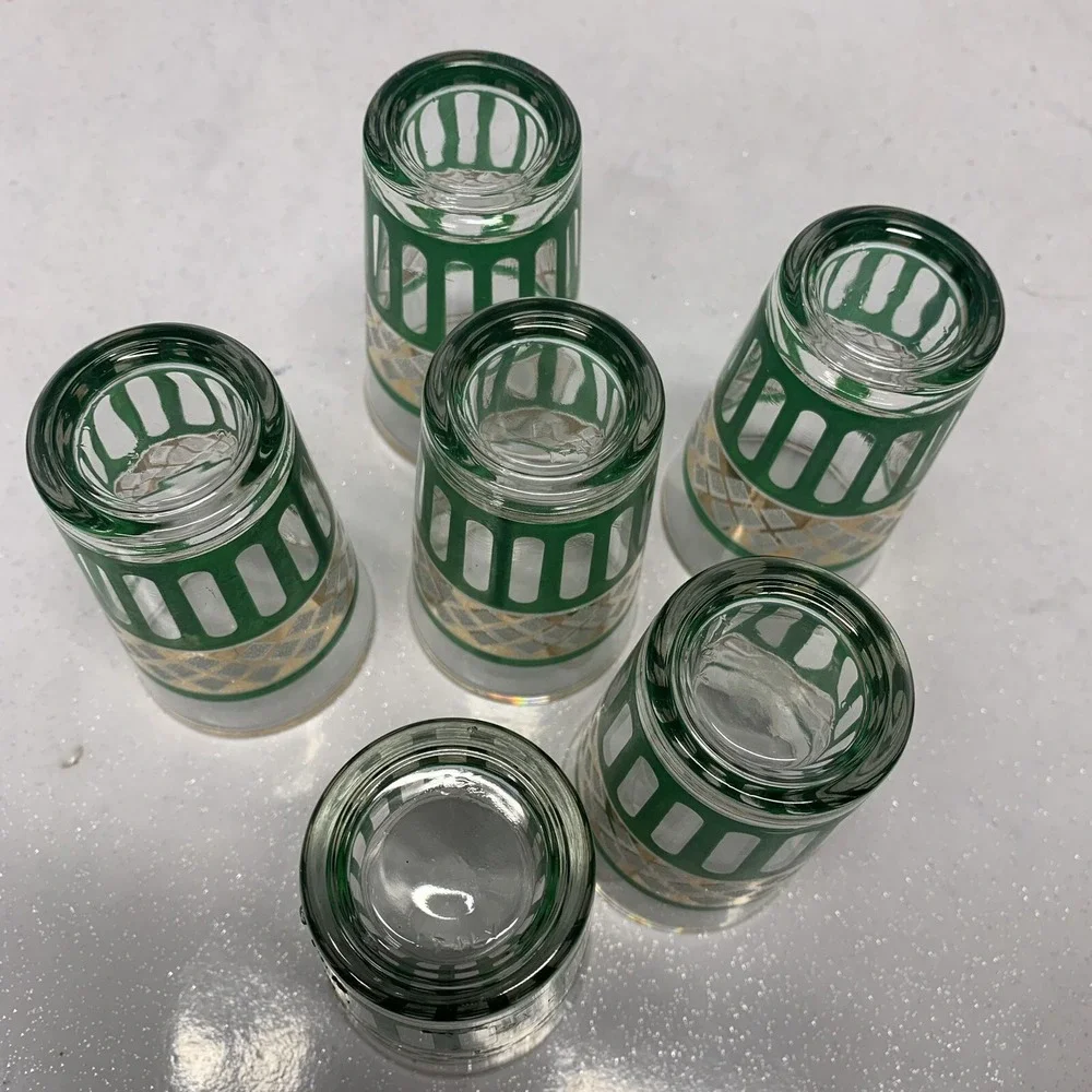 Vintage Set of 6‎ Shot Glass Green Stripe Gold Trim 3 Oz Made Italy Barware READ
